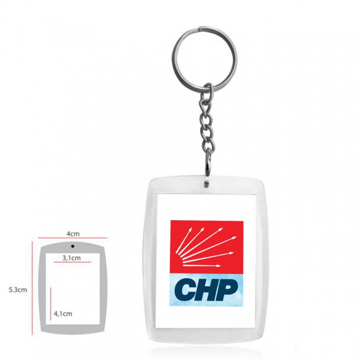 CHP Logolu Şeffaf Akrilik Anahtarlık 5,3x4 cm Zincirli Dikdörtgen Promosyon Model